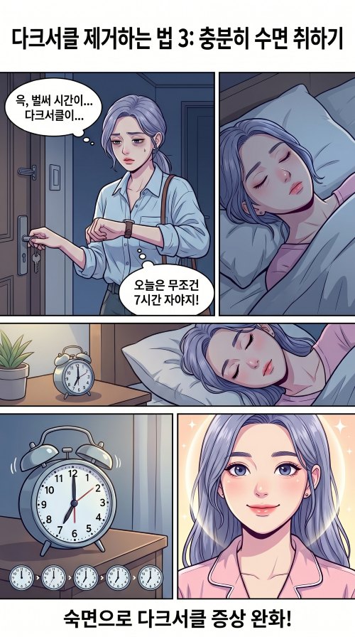 다크서클 제거법으로 한 여성이 늦게 퇴근한 후 7시간 이상 자겠다고 다짐하는 장면