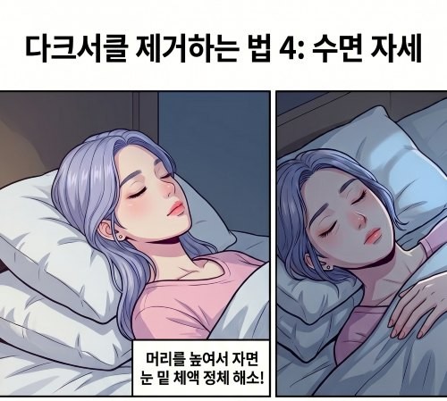 다크서클 제거법으로 한 여성이 베개 2개를 베고 잠에 드는 모습