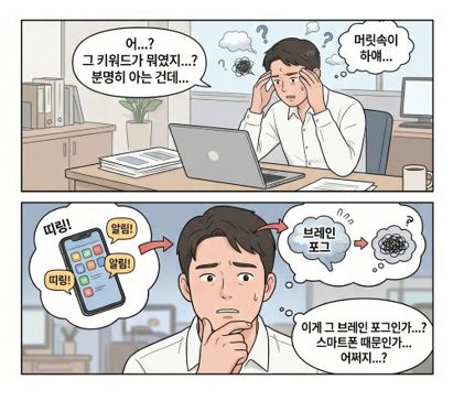 디지털 디톡스 커버 사진으로 한 직장인이 브레인포그 증상을 겪음에 따라 원인을 스마트폰 사용으로 짐작하는 내용