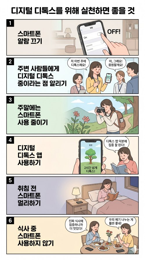 디지털디톡스에 좋은 6가지에 대한 웹툰으로 주변 사람에게 알리기, 앱 사용하기, 취침 전 스마트폰 멀리하기 등 내용을 담고 있다 