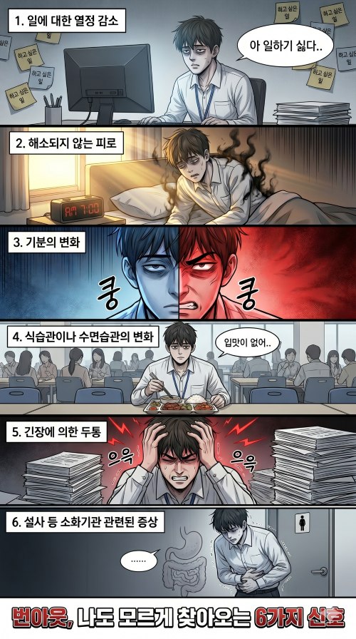 번아웃 증상을 설명하는 웹툰으로 피로, 감정의 변화, 두통, 소화기관 관련 문제 등을 내포하는 그림들이 포함됨