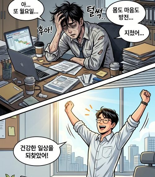 번아웃 탈출기 커버사진으로 번아웃으로 고통받던 직장인이 이를 개선하고 일상을 되찾은 모습이 묘사됨