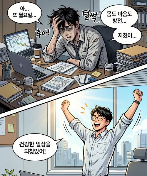 번아웃 탈출기 커버사진으로 번아웃으로 고통받던 직장인이 이를 개선하고 일상을 되찾은 모습이 묘사됨