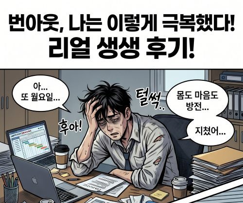 번아웃 탈출기 커버사진으로 번아웃으로 고통받던 직장인이 이를 개선하고 일상을 되찾은 모습이 묘사됨