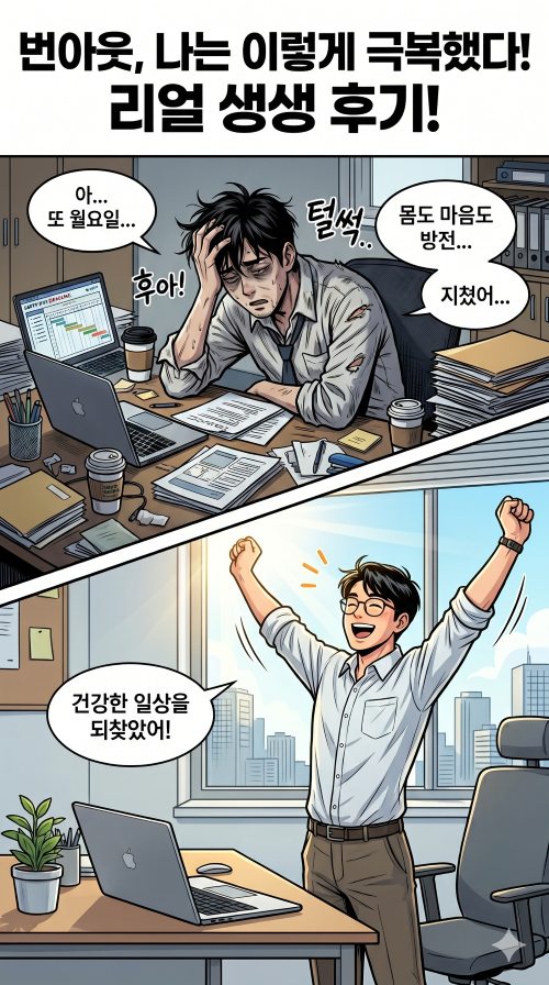 번아웃 탈출기 커버사진으로 번아웃으로 고통받던 직장인이 이를 개선하고 일상을 되찾은 모습이 묘사됨 