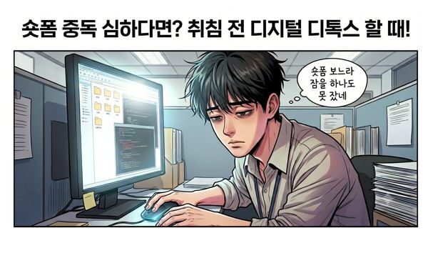 숏폼 중독을 탈출하기 위한 디지털 디톡스 커버 사진으로 숏폼을 보느라 잠을 못 잔 직장인의 모습이 묘사됨