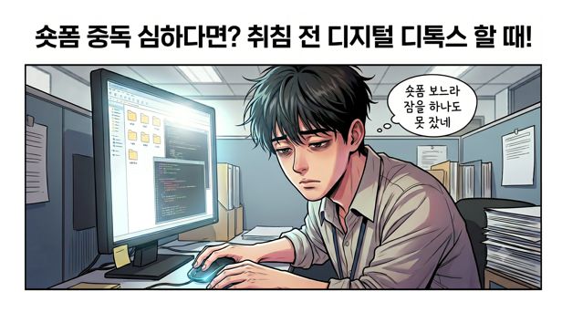 숏폼 중독을 탈출하기 위한 디지털 디톡스 커버 사진으로 숏폼을 보느라 잠을 못 잔 직장인의 모습이 묘사됨
