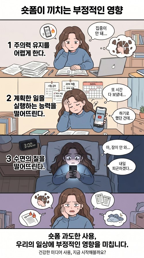 숏폼이 끼치는 부정적인 영향을 소개하는 웹툰으로 주의력 저하, 실행력 저하, 수면의 질 저하 드의 내용을 담고 있음