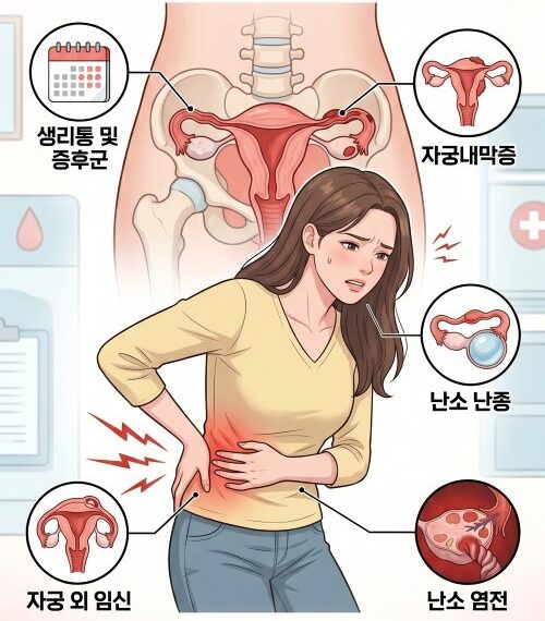 여자 오른쪽 옆구리 통증 웹툰 커버 사진으로 한 여성이 오른쪽 옆구리를 부여잡고 통증을 느끼는 모습.