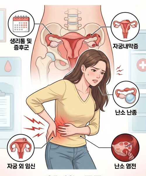 여자 오른쪽 옆구리 통증 웹툰 커버 사진으로 한 여성이 오른쪽 옆구리를 부여잡고 통증을 느끼는 모습.