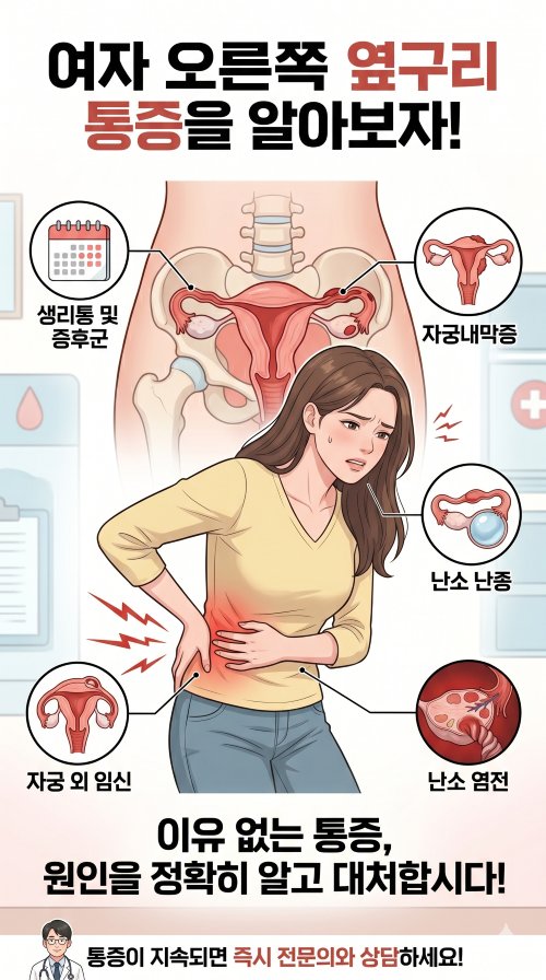 여자 오른쪽 옆구리 통증 웹툰 커버 사진으로 한 여성이 오른쪽 옆구리를 부여잡고 통증을 느끼는 모습.