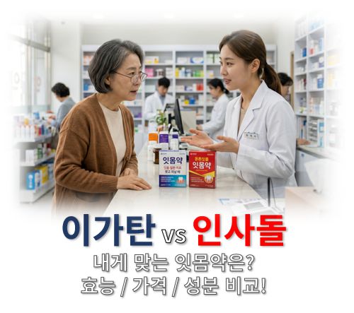 잇몸약 이가탄 vs 인사돌 효능 가격 비교 글로 한 여성이 약사로부터 잇몸약에 대한 설명을 듣고 있는 장면