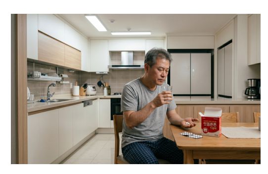 한 남성이 부엌 식탁에 앉아서 잇몸약을 먹기 직전 사진