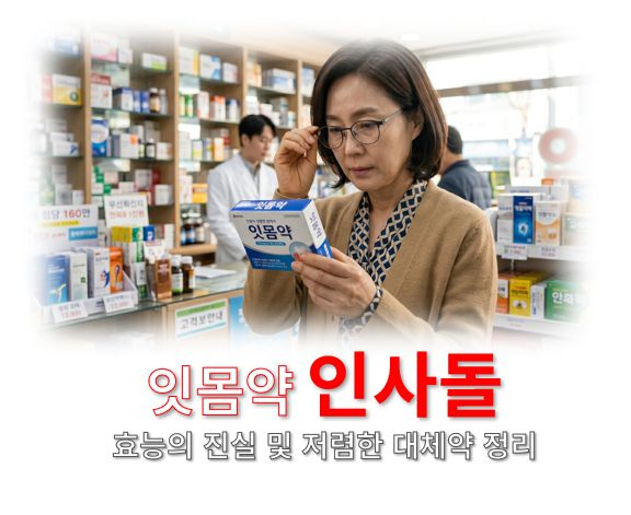 인사돌플러스 효능의 진실과 인사돌 카피약 복제약들을 정리한 글 커버 사진으로 한 여성이 약국에서 잇몸약을 들고 보는 사진을 담고 있다.
