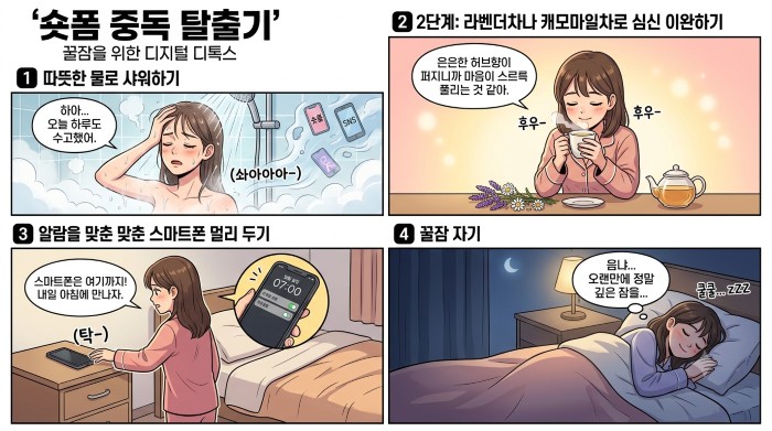 취침 2시간 전 디지털 디톡스 방법으로 샤워하기, 캐모마일차 마시기, 스마트폰 멀리두기 등을 주요 내용으로 함