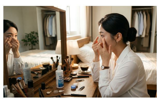 한 여성이 렌즈를 착용하고 있는 장면