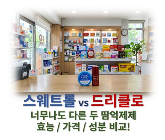 스웨트롤 vs 드리클로 땀억제제 성분 효과 가격 비교 정보 글 사진으로 약국 카운터에 패드형 제품과 롤온 제품이 나란히 놓인 모습
