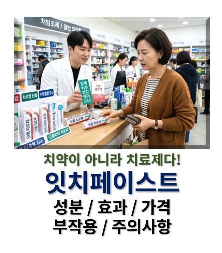 잇치 효능 부작용 가격 주의사항 정보 글 커버 사진으로 한 여성이 약국에서 약사의 도움을 받아서 잇몸치료제를 고르는 모습