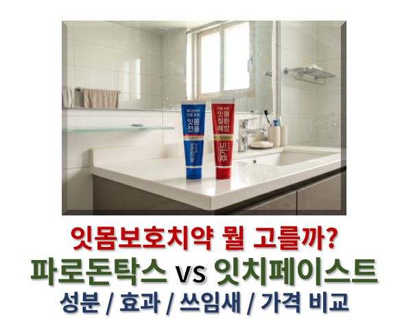 파로돈탁스 vs 잇치 잇몸치약 성분 효능 가격 비교 정보 글 커버로 서로 다른 두 치약이 화장실 세면대 위에 올려진 모습