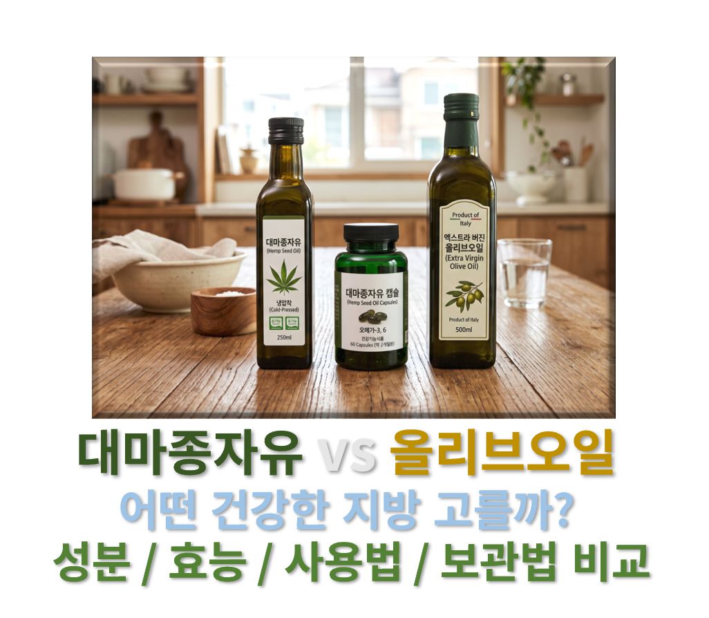대마종자유 vs 올리브오일 성분 효능 사용법 보관법 비교