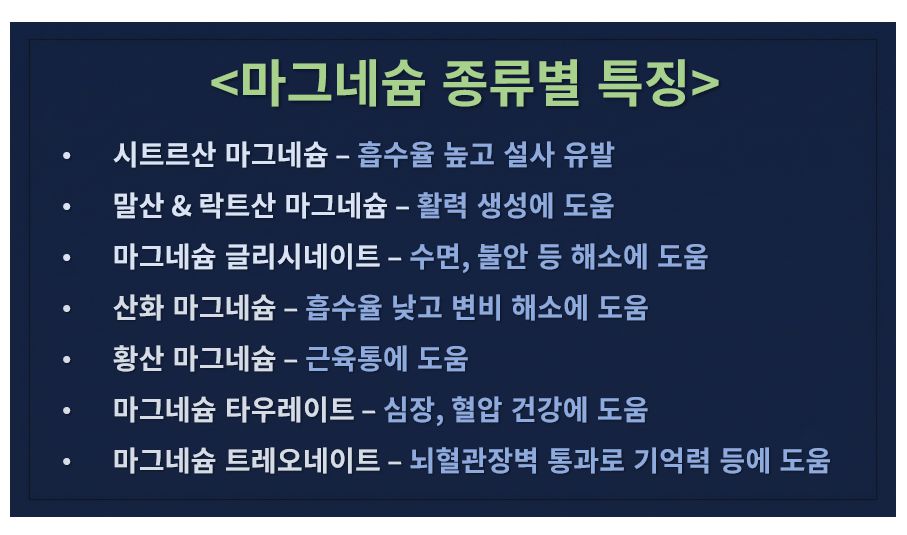 마그네슘 종류별 효능 및 특징 슬라이드