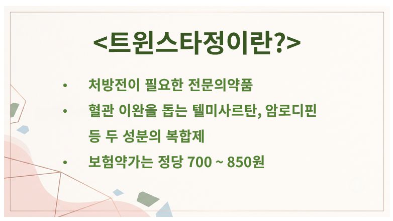 트윈스타정 성분 작용기전 가격 정리 슬라이드