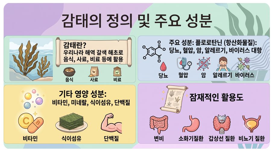 감태의 정의와 주요 성분 쓰임새를 정리한 인포그래픽