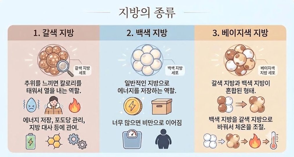 갈색지방 백색지방 베이지색지방 등 지방의 종류 및 역할 정리 인포그래픽